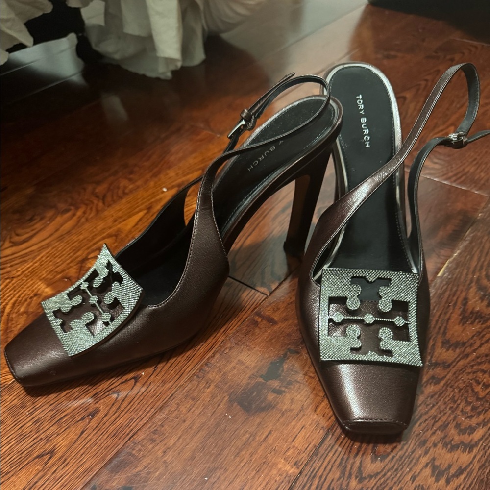 Tory Burch Dark Brown Slingback Heels with Silver Accents